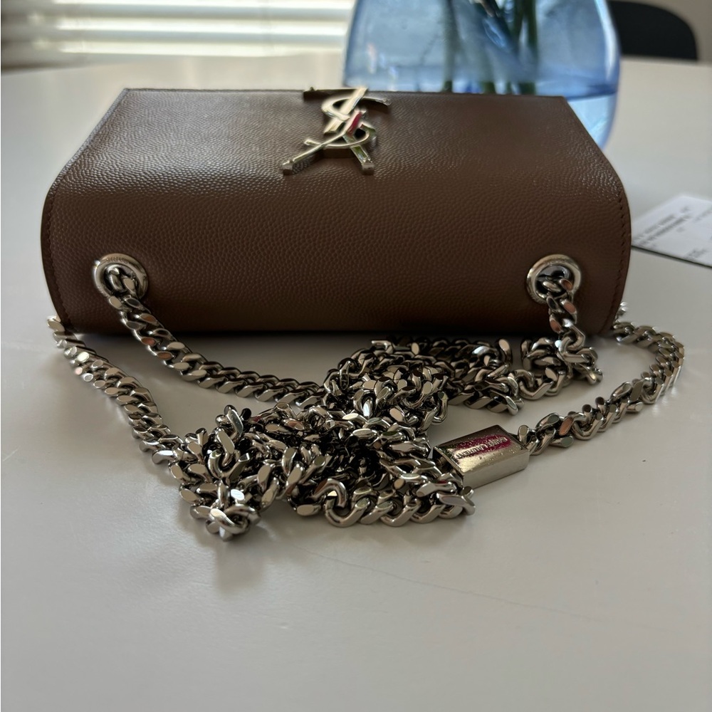 YSL Small Kate Leather Chain Flap Bag Grained Crossbody Taupe Brown Fleur - Picture 9 of 13